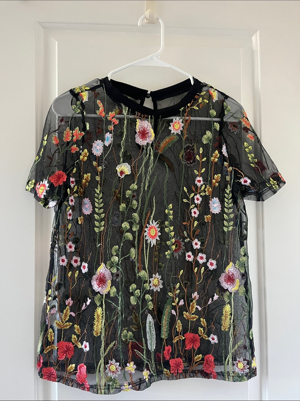 Sheer Black Floral Embroidered Short Sleeve Top